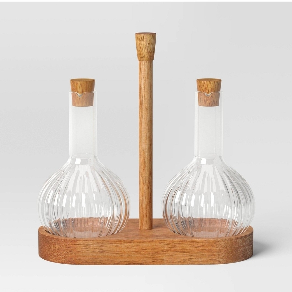 Threshold 10oz oil and vinegar bottle with wood caddy